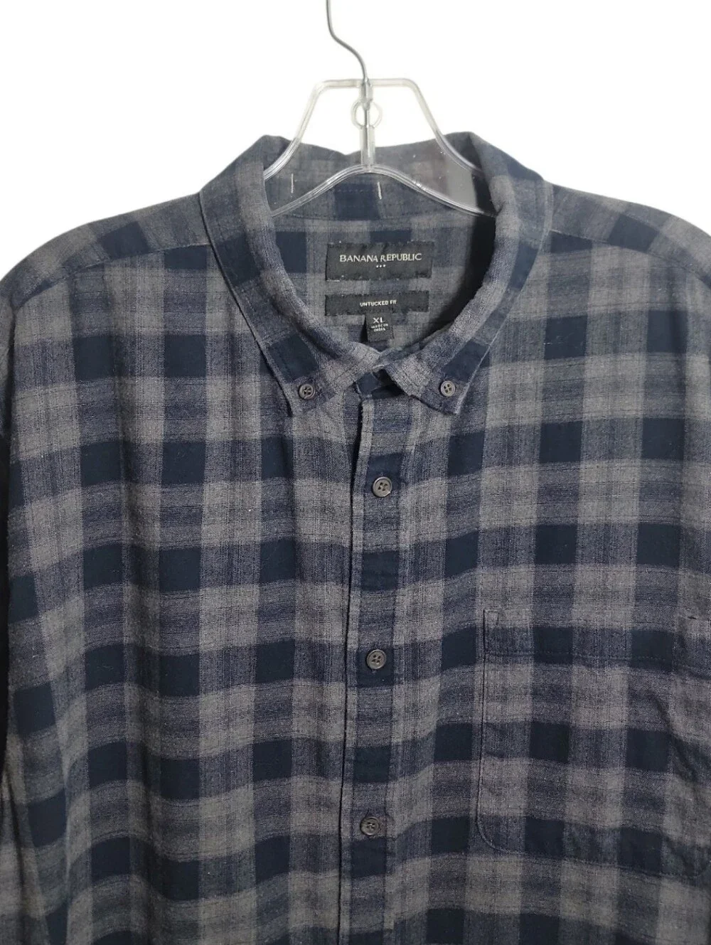 Banana Republic blue gray plaid flannel button down shirt men's size XL untucked